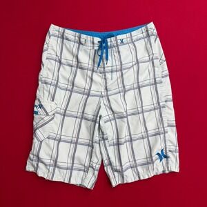 VTG Y2K Hurley Mens Plaid Board Shorts SIZE LARGE White Blue Cargo Swim Trunks